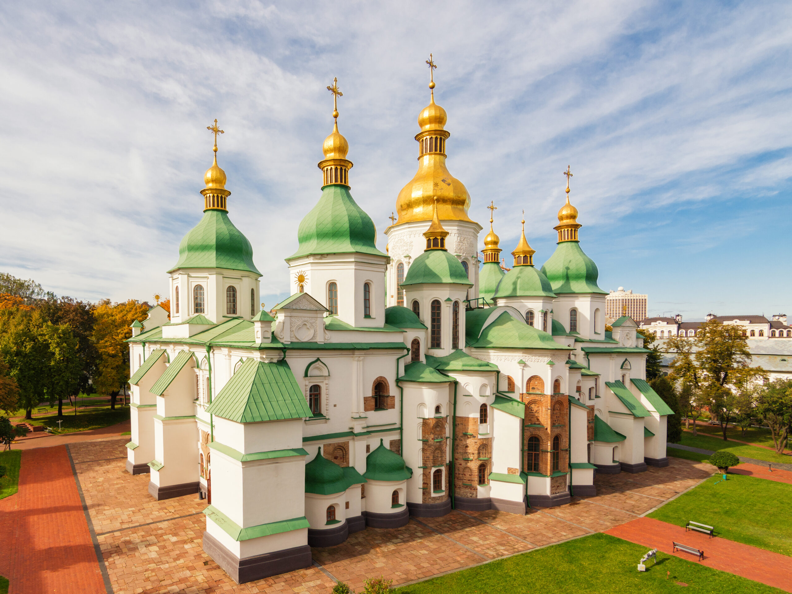 Saint Sophia Cathedral in Kyiv - a historic and architectural masterpiece, featuring golden domes and ancient frescoes.