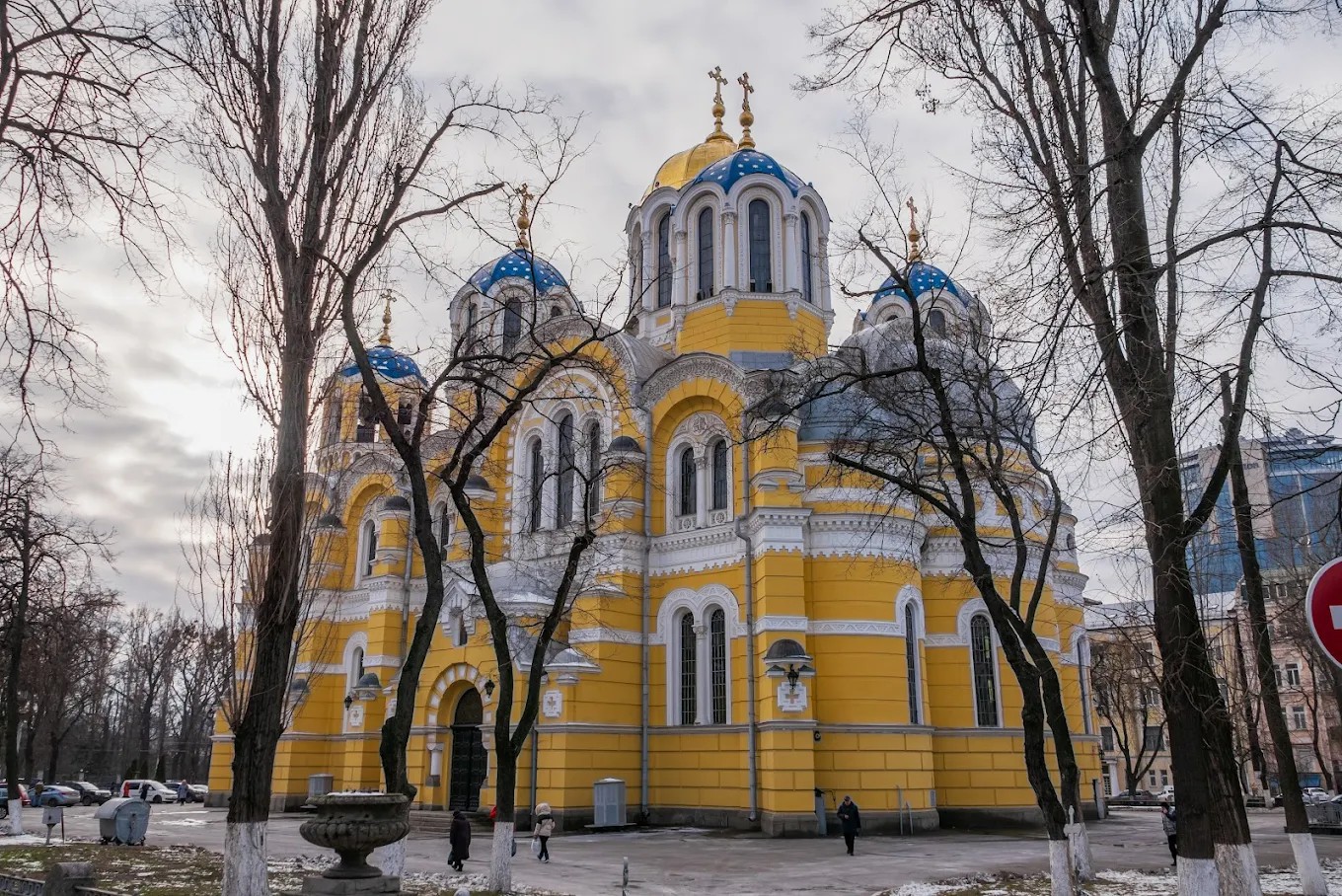 St. Volodymyr's Cathedral in Kyiv - exterior of a yellow church with blue domes