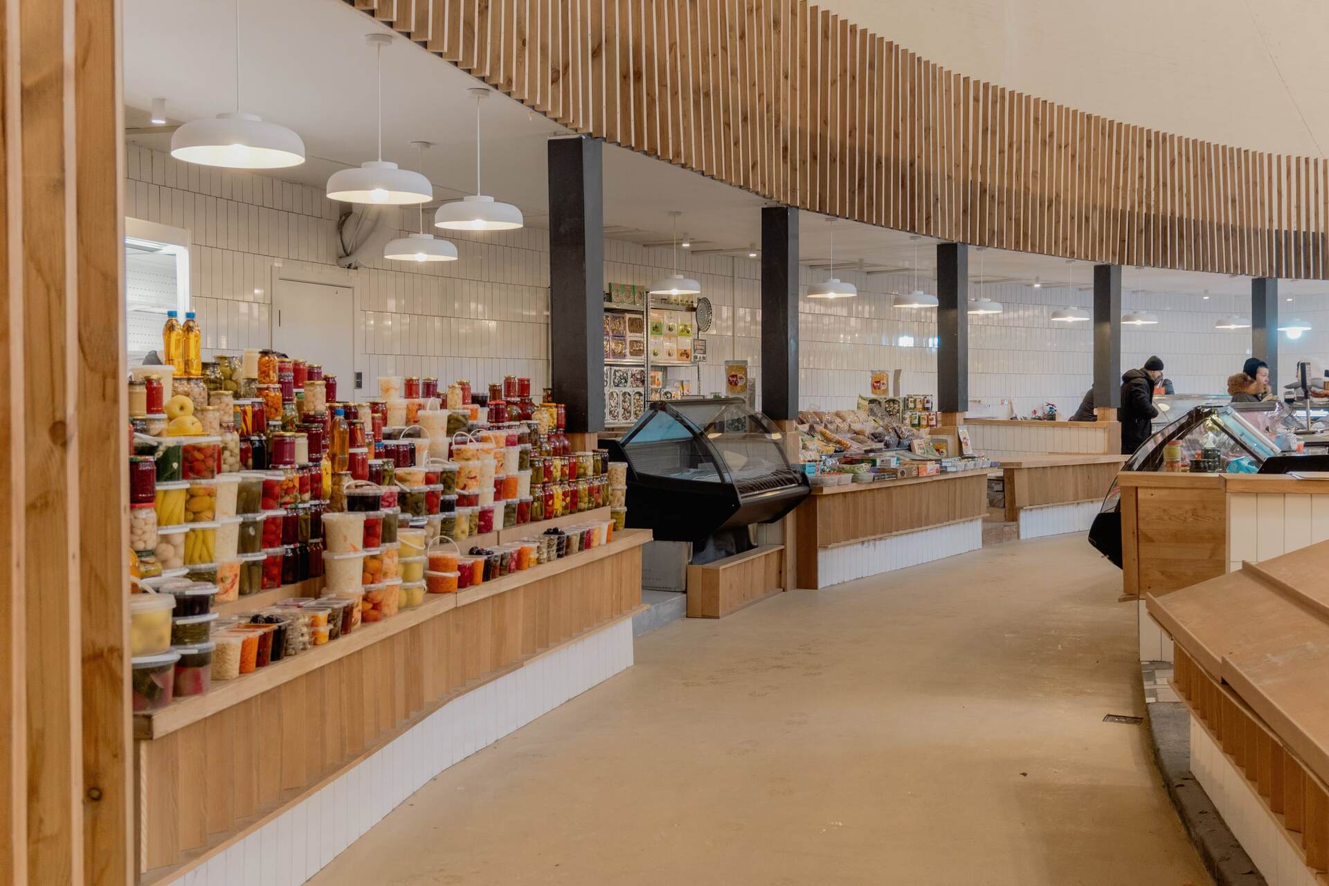 Assorted jars of pickles on display at Bessarabskyi Market in Kyiv