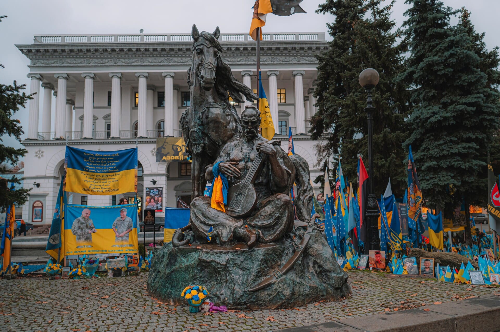 Cossack Mamai monument in Kyiv - statue of a Cossack playing a bandura near a horse