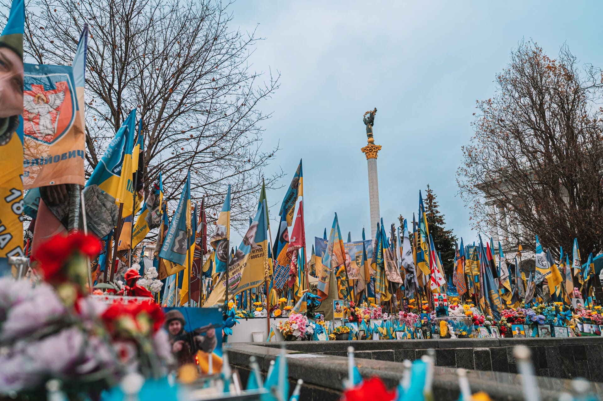 Independence Square memorial in Kyiv - small flags honoring fallen soldiers