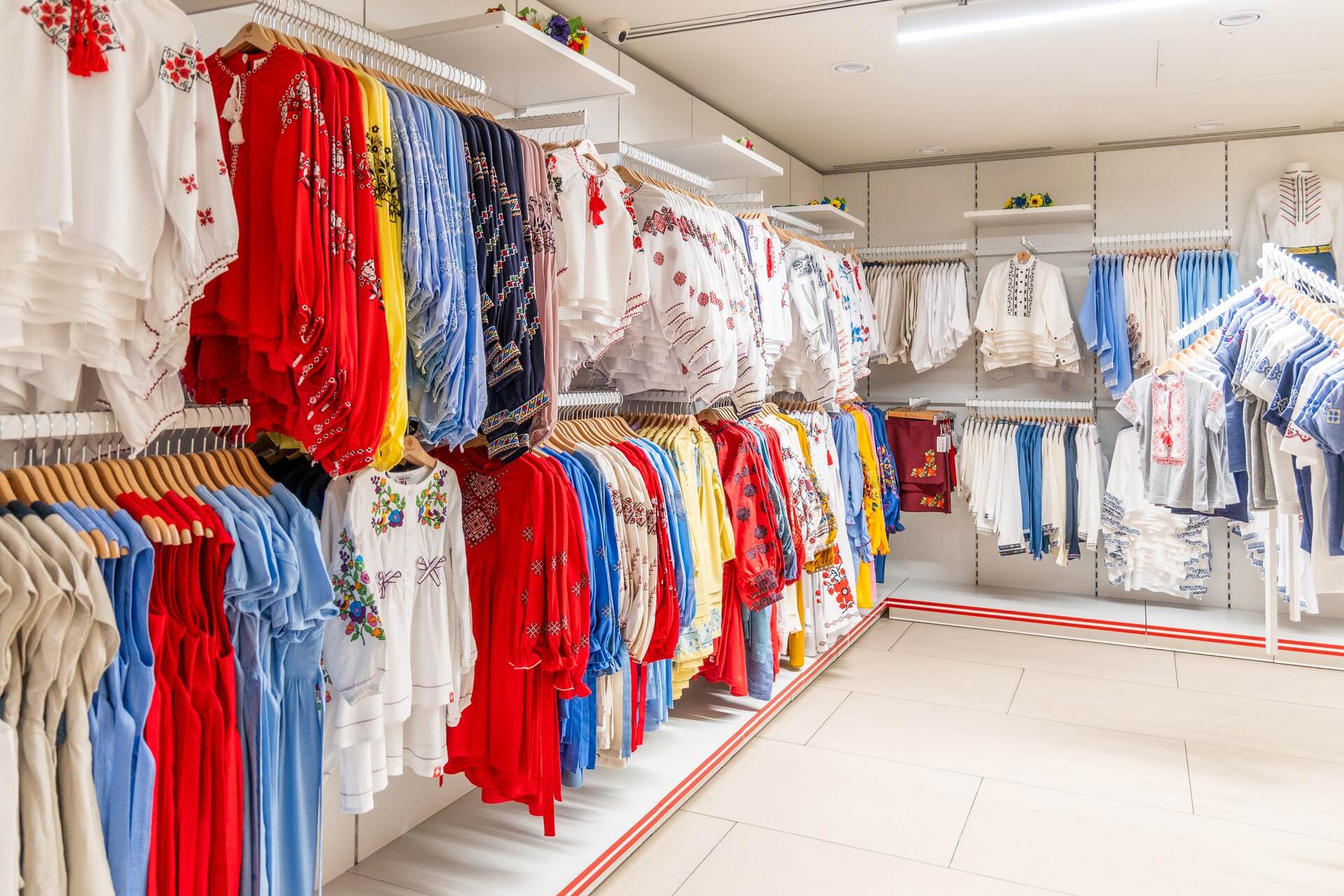 Hall filled with traditional Ukrainian vyshyvankas at Folkmart store in Kyiv