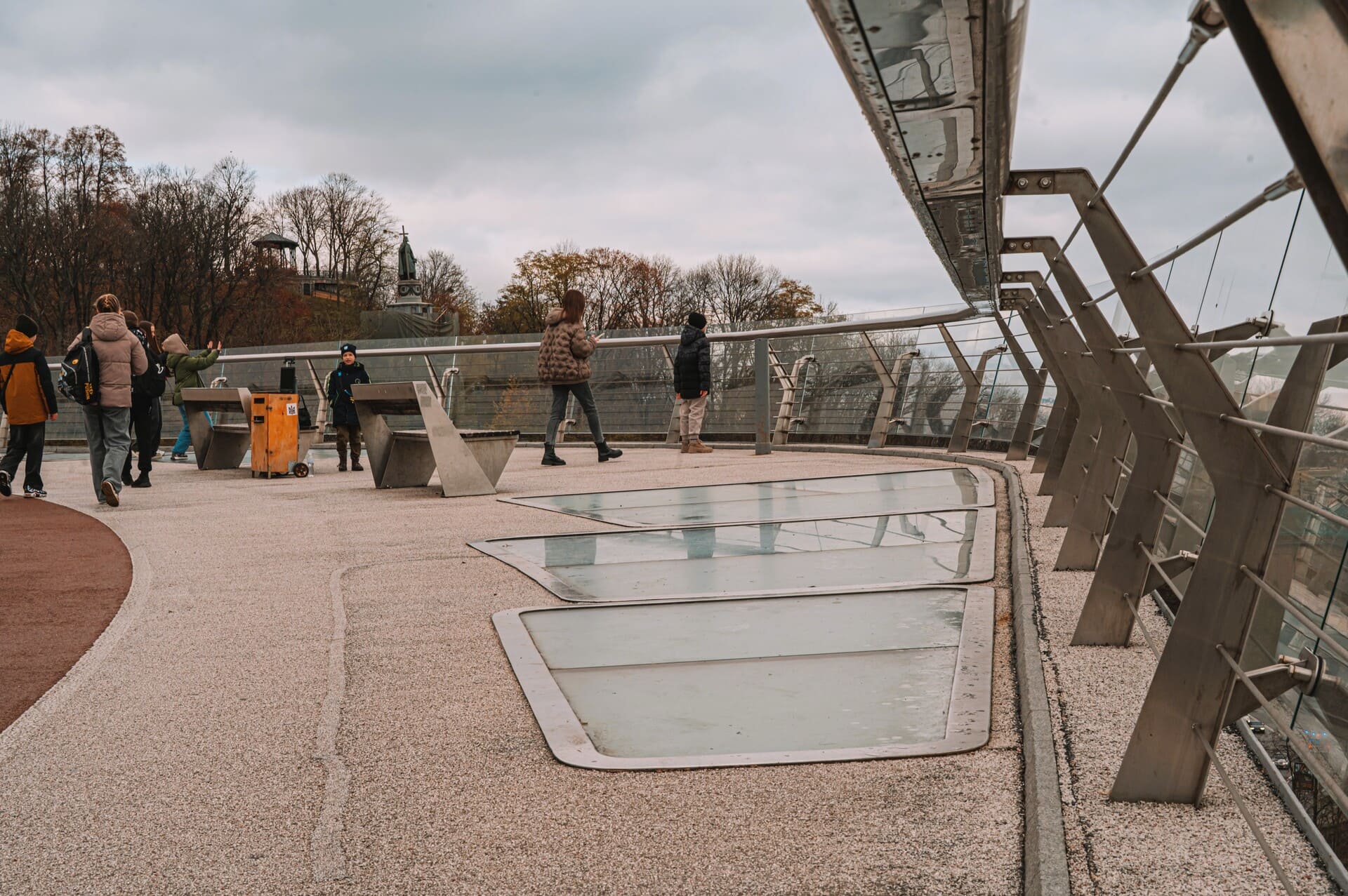 Glass bridge in Kyiv - close-up of the glass floor panels on the bridge
