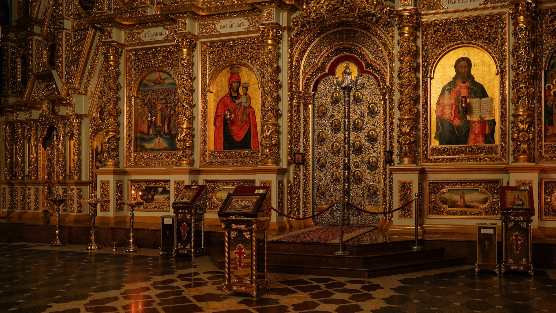 Dormition Cathedral in Kyiv - golden domes and baroque gables with painted saints