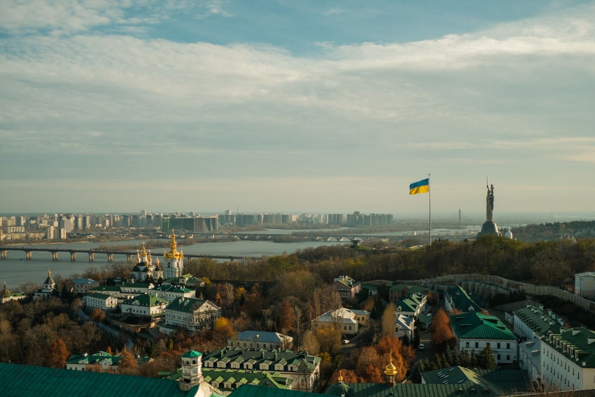 View of the Kyiv Pechersk Lavra, the Dnipro River, and the Motherland Monument