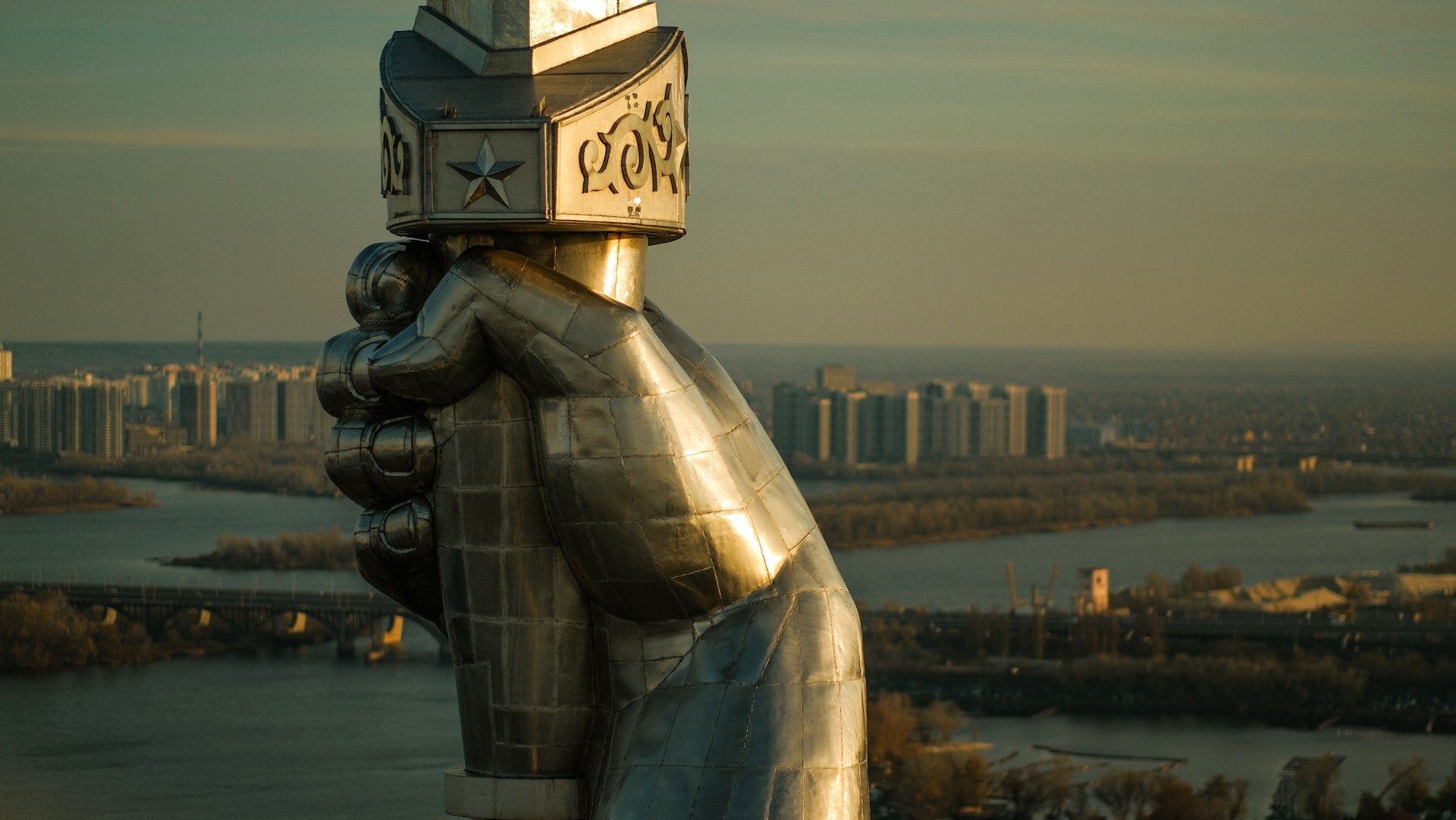 Motherland Monument in Kyiv - close-up of the hand gripping the sword.
