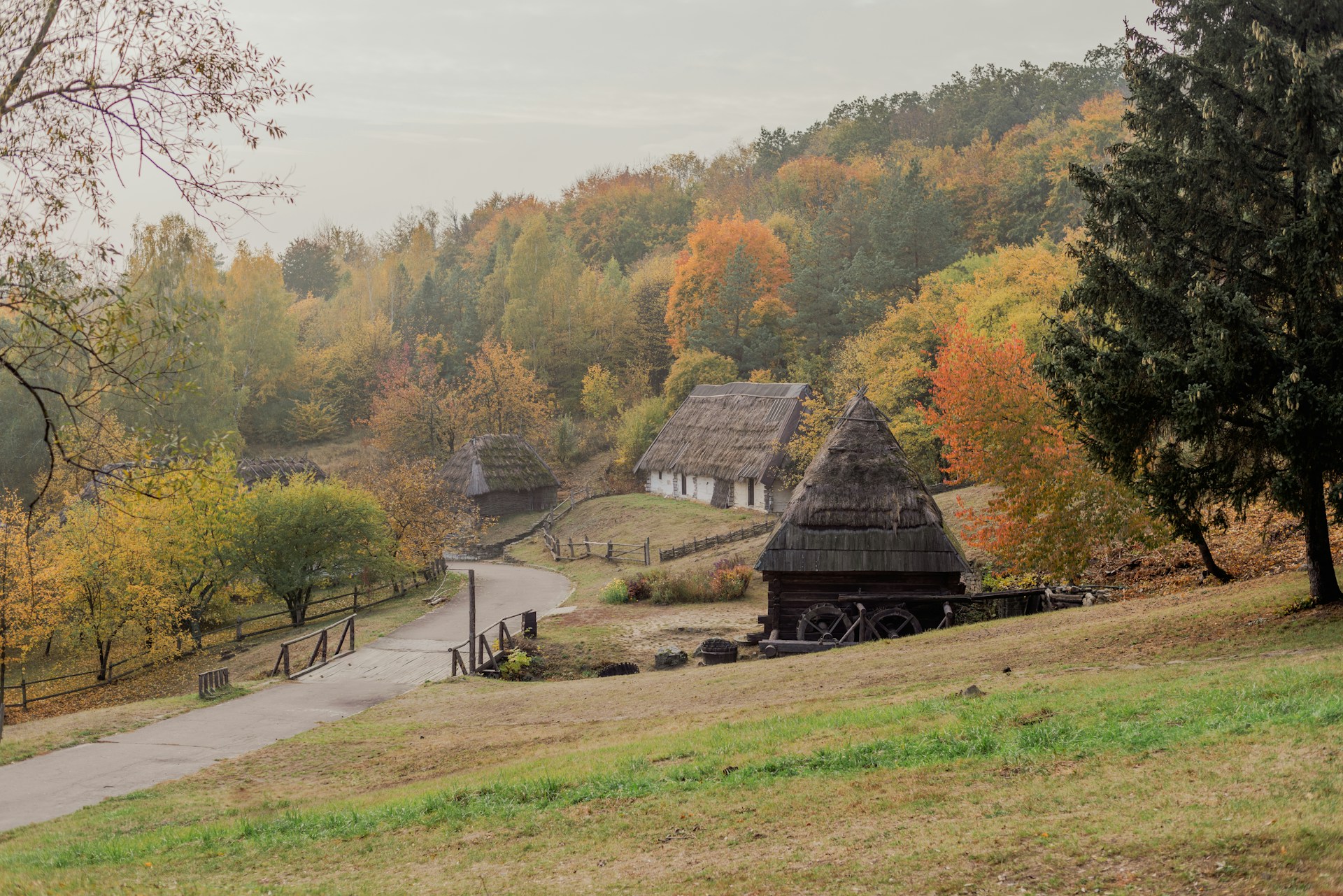 Pyrohiv Museum in Kyiv - traditional village landscape with houses and hills