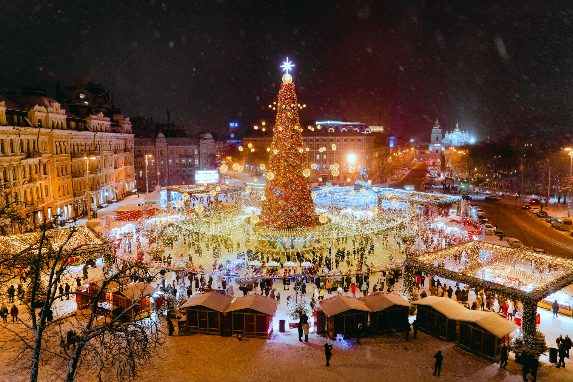 Sofiiska Square in Kyiv - large illuminated Christmas tree and festive market stalls at night
