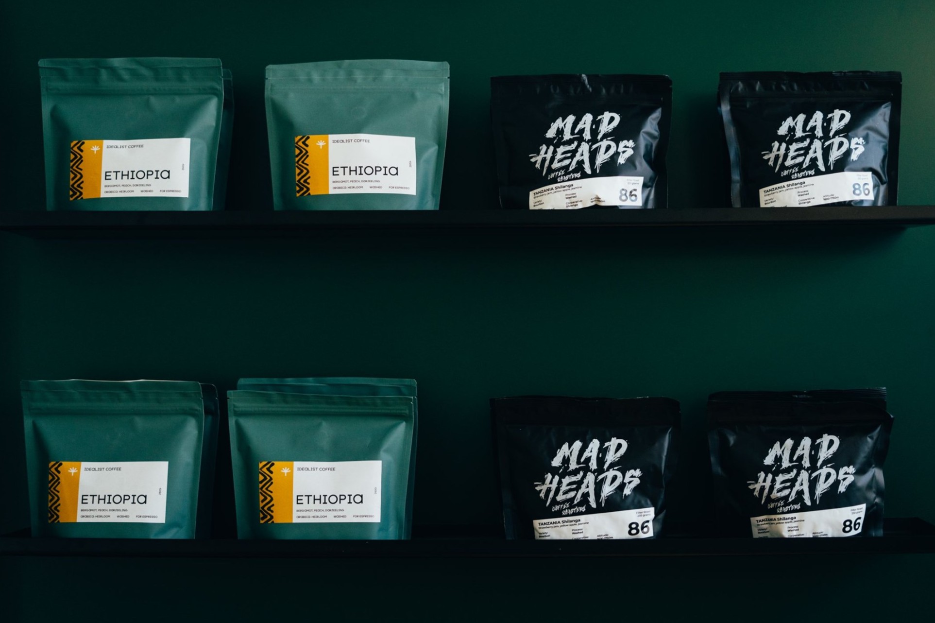 Coffee beans from Takava coffee shop in Kyiv displayed on shelves