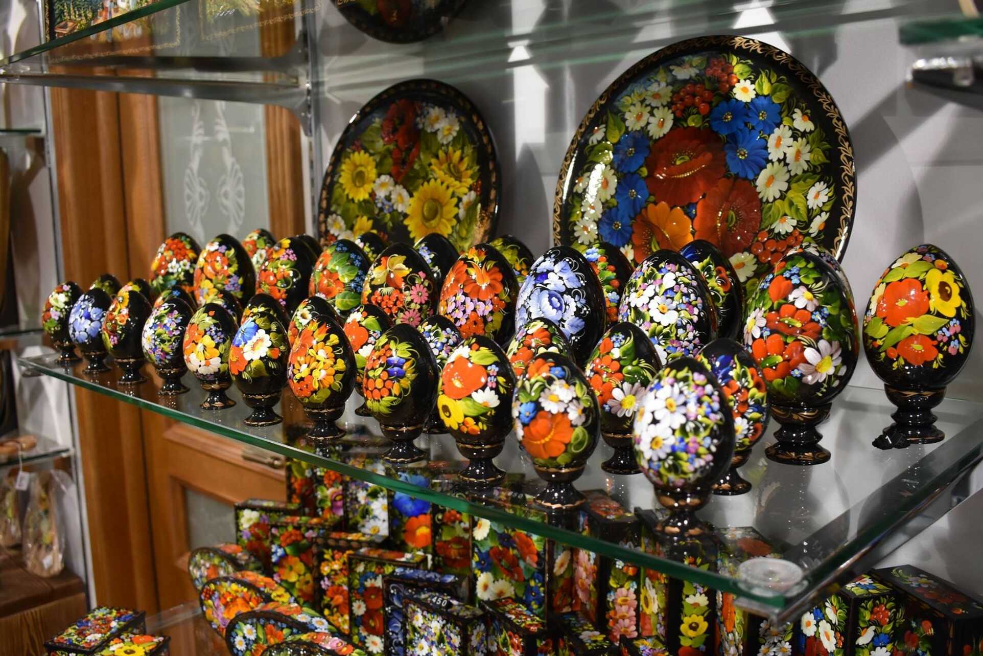 Ukrainian decorative eggs with traditional floral ornaments displayed in a souvenir shop in Kyiv