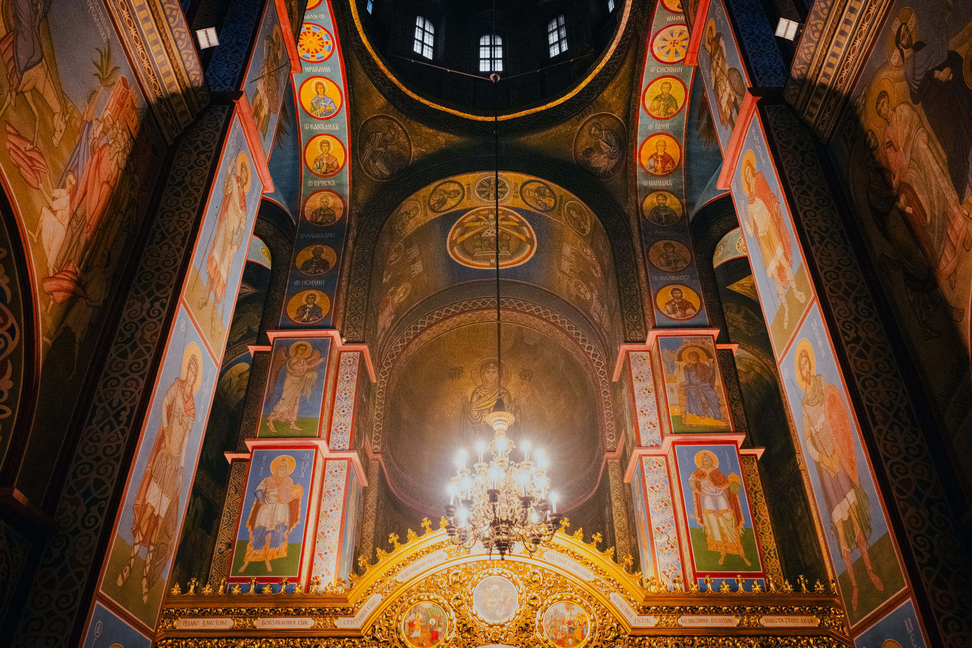 St. Michael's Cathedral in Kyiv - view of the painted dome and chandelier