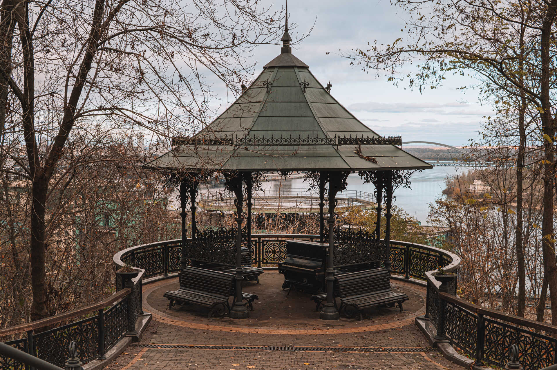 Volodymyrska Hill - ornate metal gazebo with a piano inside