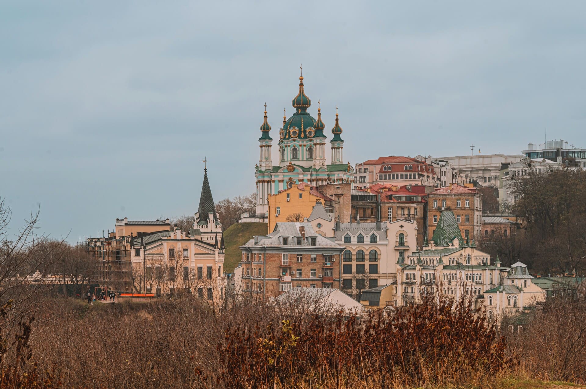 View of St. Andrew's Church from Zamkova Hill in Kyiv