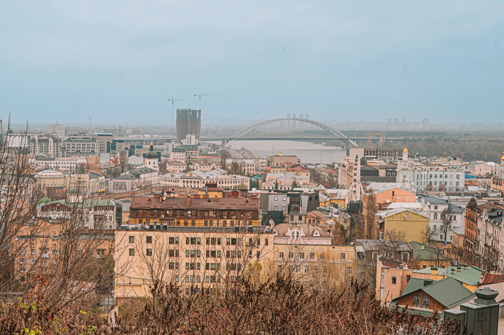 Castle Hill in Kyiv - panoramic view of Podil rooftops and the Dnipro River