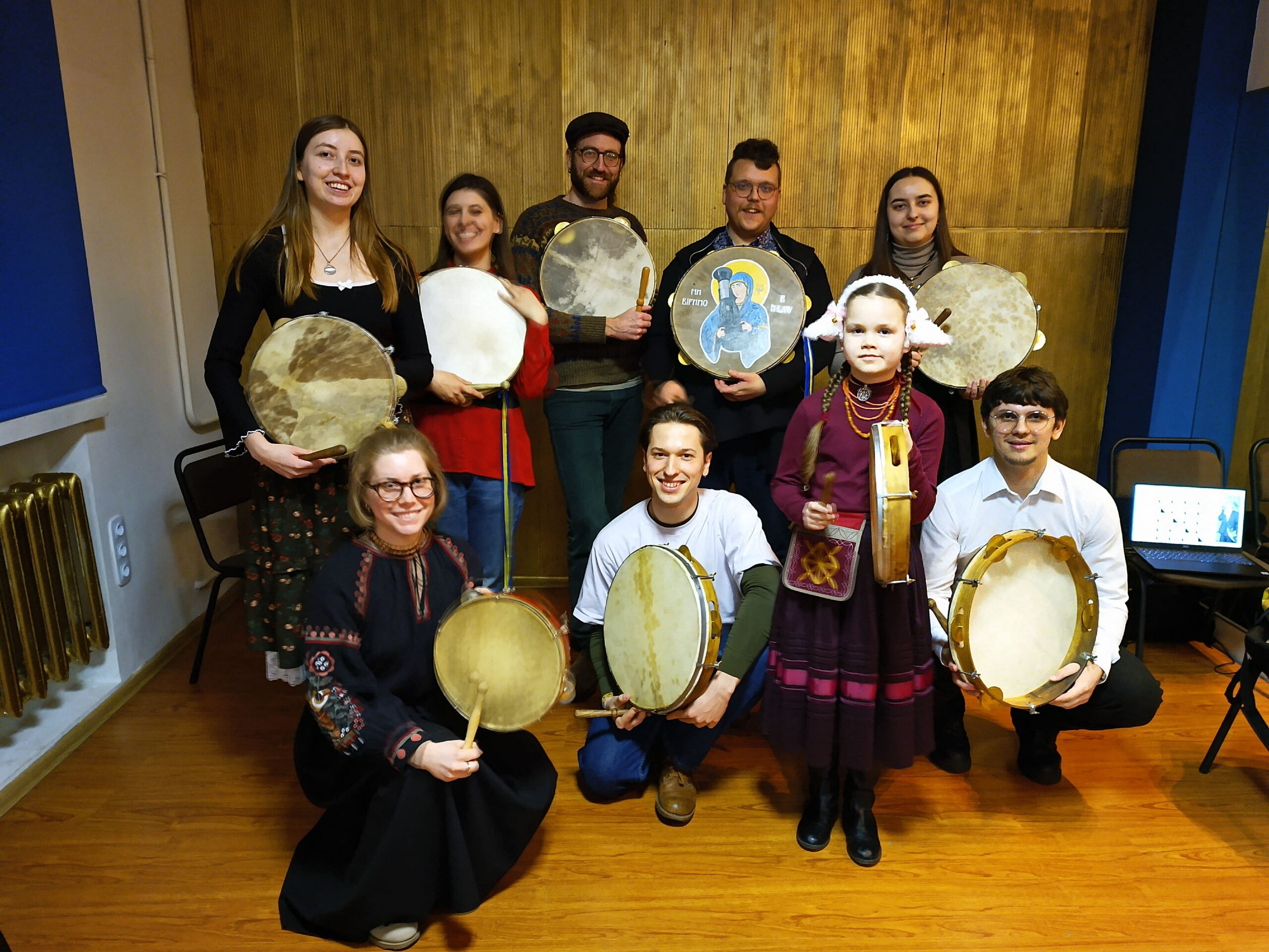 Participants of traditional drum workshop and music community in Kyiv
