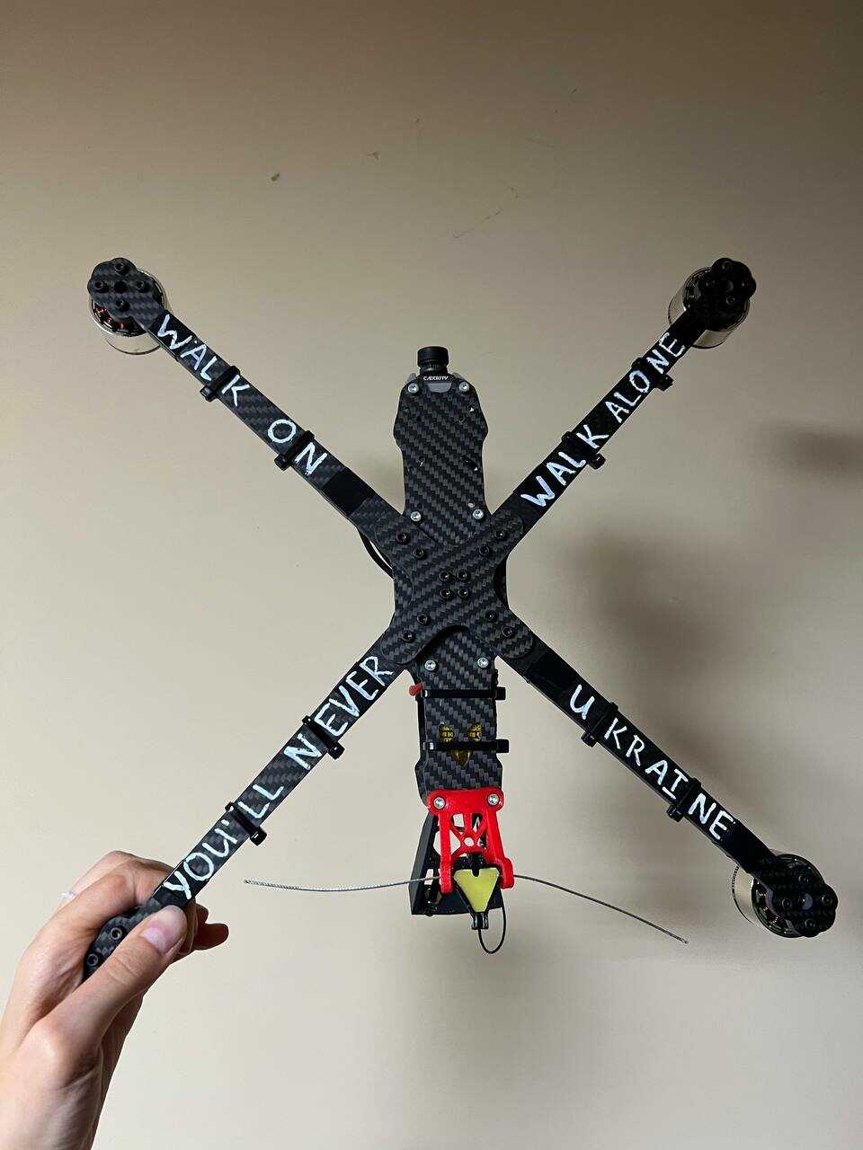 Hand-built FPV drone with message supporting Ukraine in Kyiv