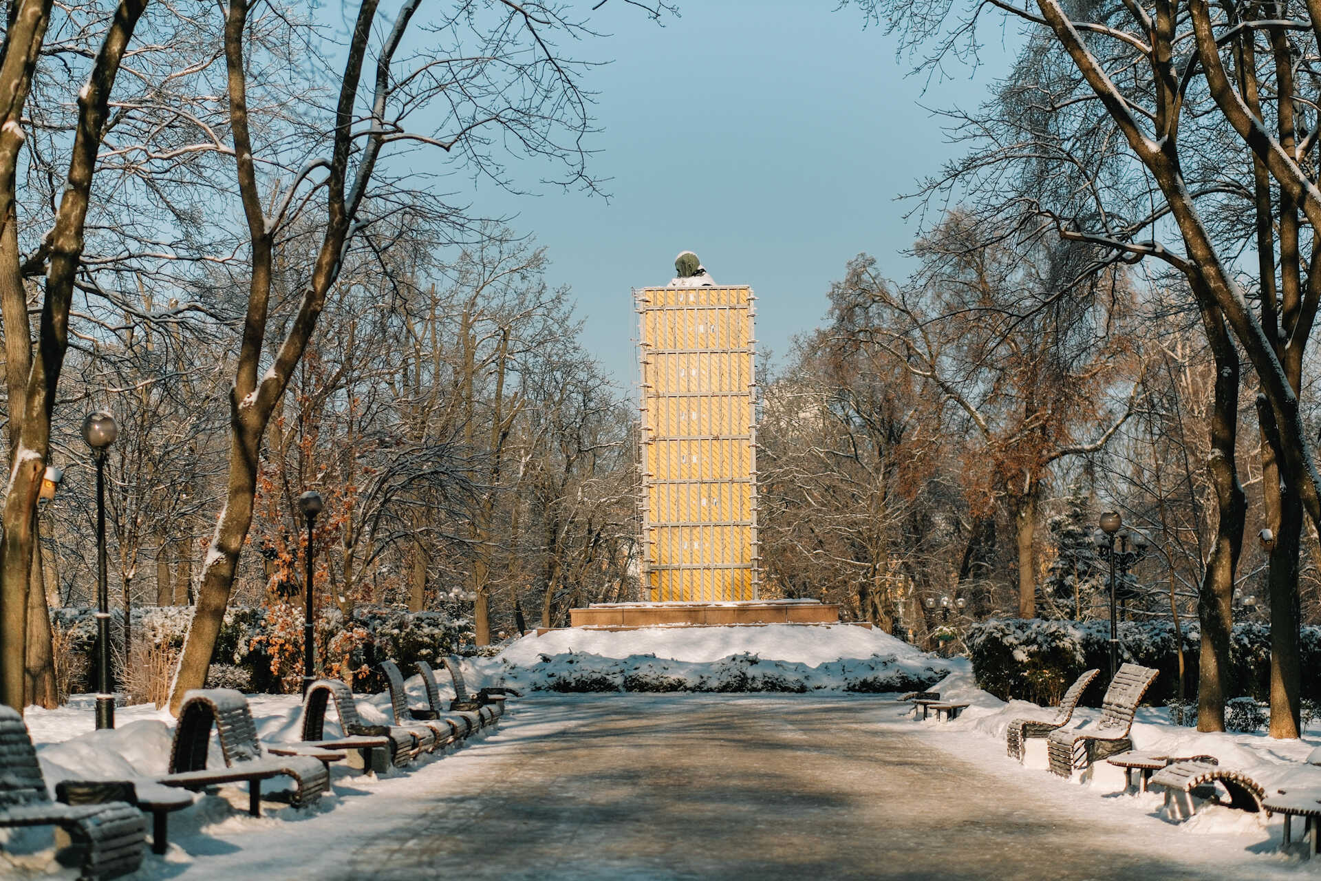 Taras Shevchenko monument enclosed in protective structures in Kyiv