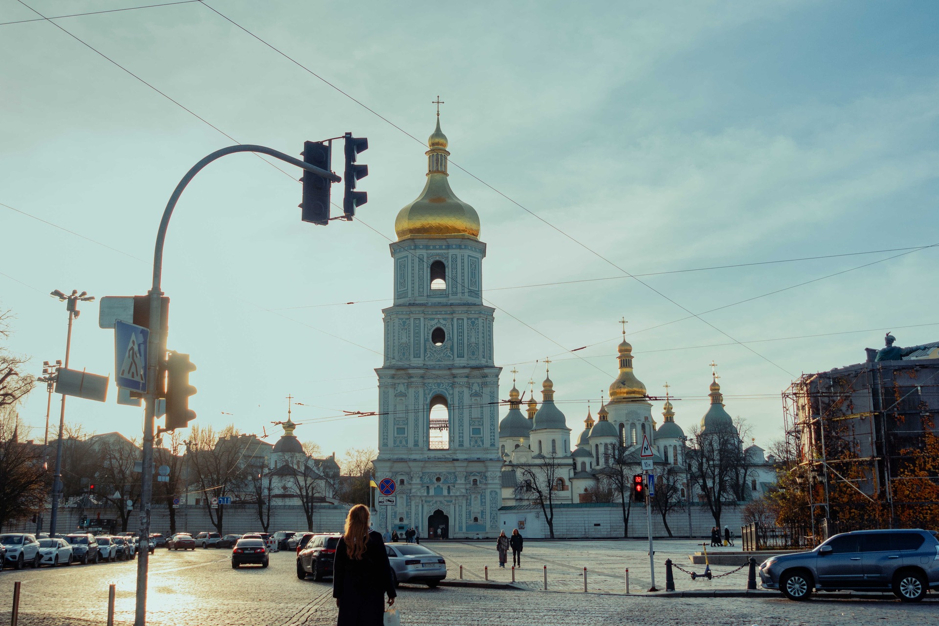 View of Saint Sophia Cathedral bell tower in Kyiv from Sofiia Square