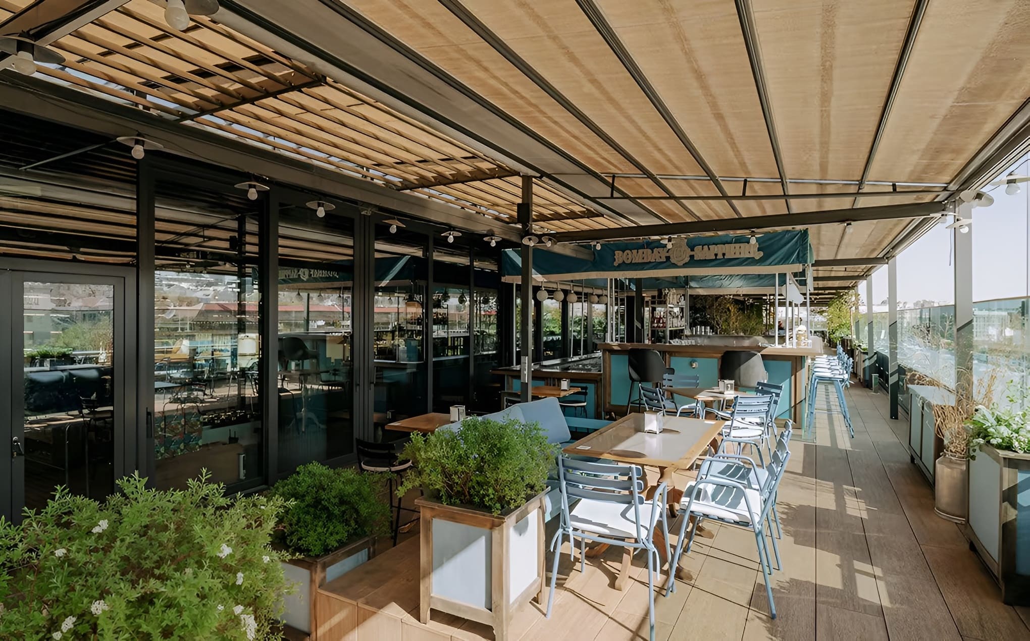 Sunny outdoor terrace of Milk Bar in Kyiv