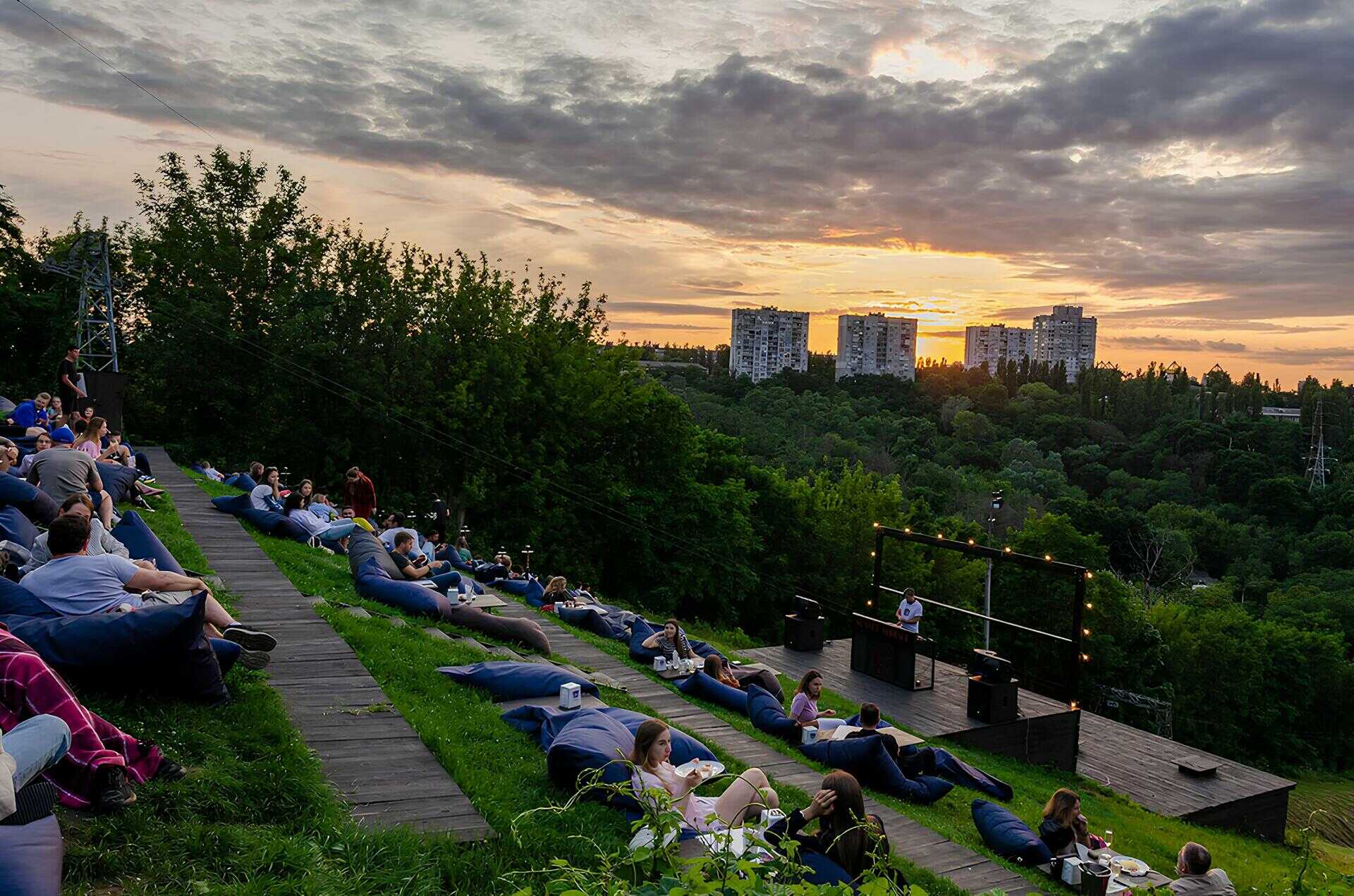 Outdoor movie screening on bean bags at Sunset Terrace in Kyiv