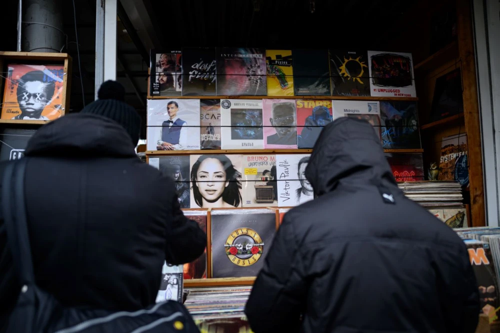 A collection of vinyl records at a flea market near Pochaina in Kyiv