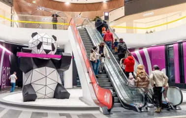 A panda figure near the escalator in the Respublika Park shopping center in Kyiv