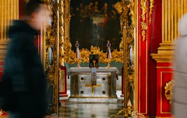 St. Andrew's Church in Kyiv - altar table with cross seen through open royal doors