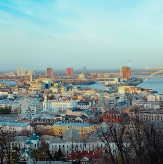 St. Andrew's Church in Kyiv - panorama of Podil and Dnipro River