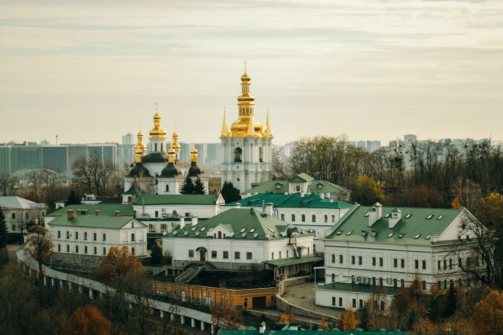 Kyiv Pechersk Lavra - panoramic view of the monastery complex and bell tower from above