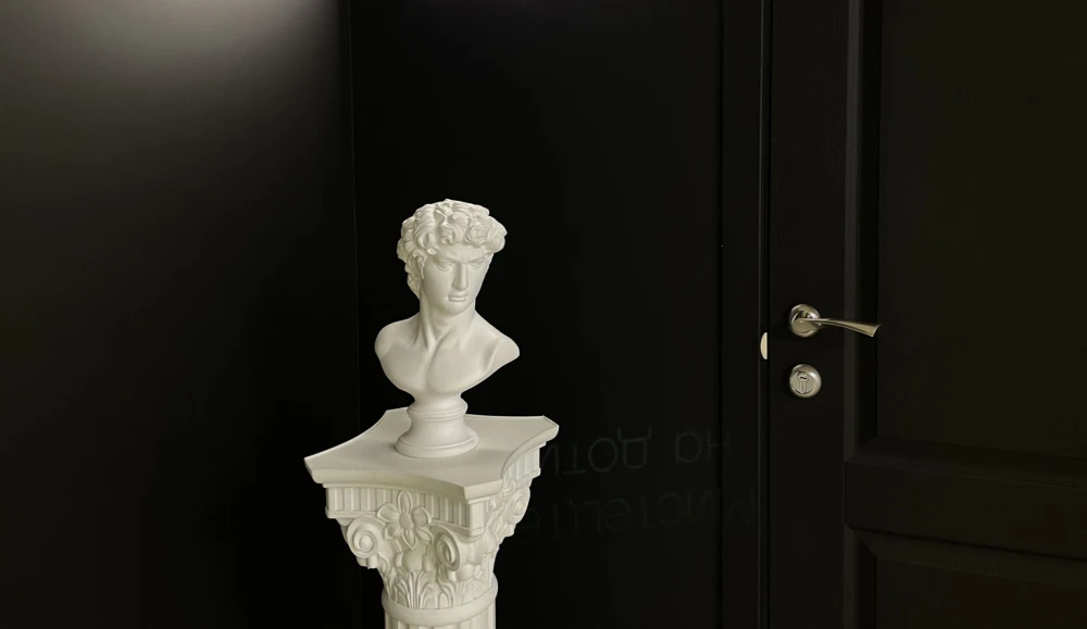 Muzei u Temriavi in Kyiv - classical white plaster bust standing on a column against a black background highlighting the concept of art in the dark