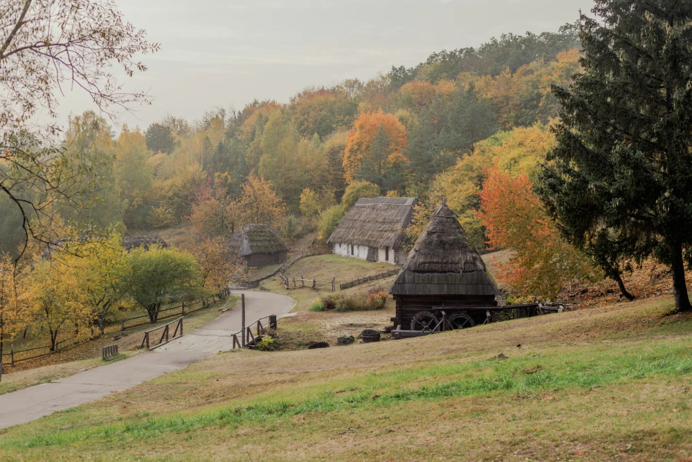 Pyrohiv Museum in Kyiv - traditional village landscape with houses and hills