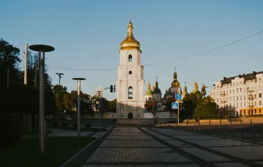 Sofiiska Square in Kyiv - bell Tower and covered monument