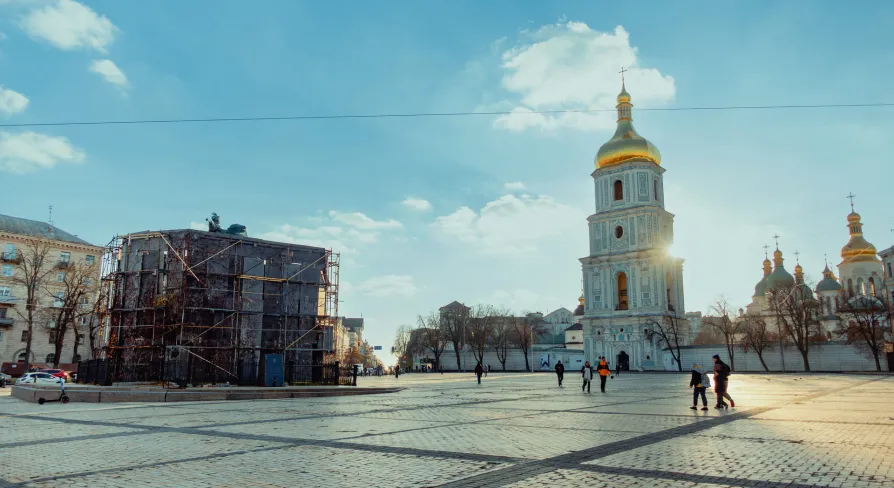 Sofiiska Square in Kyiv - bell Tower and covered monument