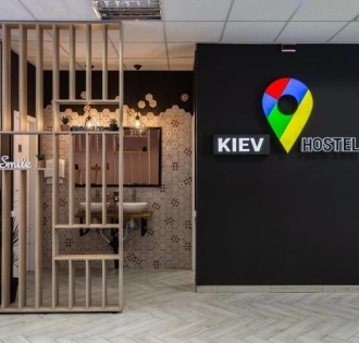 Reception with the Kyiv Hostel logo in Kyiv