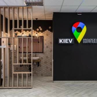 Reception with the Kyiv Hostel logo in Kyiv