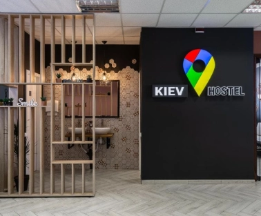 Reception with the Kyiv Hostel logo in Kyiv