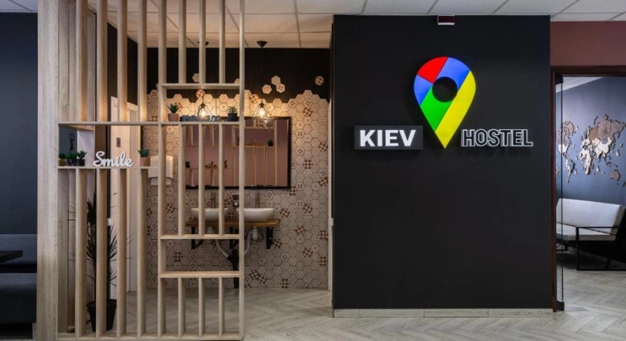 Reception with the Kyiv Hostel logo in Kyiv