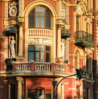 Sirotkin House facade with sculptures and ornate balconies in Kyiv
