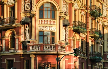 Sirotkin House facade with sculptures and ornate balconies in Kyiv