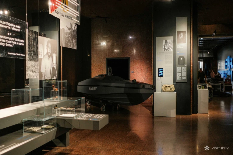 Exhibition featuring the Magura V5 unmanned surface vessel inside the War Museum in Kyiv