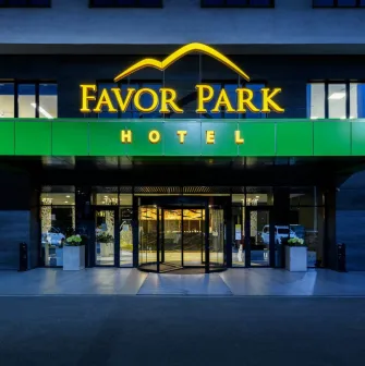 Favor Park Hotel - main entrance and facade with prominent signage