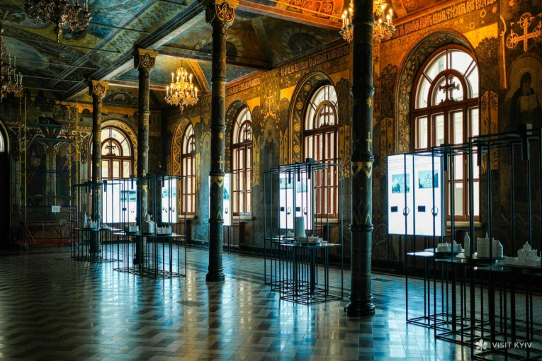 Exhibition of church models inside the painted Refectory Chamber of Kyiv Pechersk Lavra in Kyiv