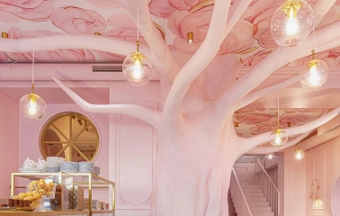 Interior of the Namelaka cafe in Kyiv with rosewood and a ceiling with petals