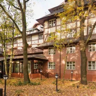 Chalet-style facade of Park Hotel Holosiivskyi in Kyiv
