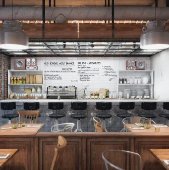 Bar area of the Milk Bar cafe in Kyiv with high chairs