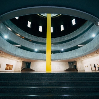 Ukrainskyi Dim in Kyiv - view of the circular atrium floors rising upwards and the exhibition