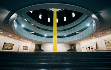 Ukrainskyi Dim in Kyiv - view of the circular atrium floors rising upwards and the exhibition