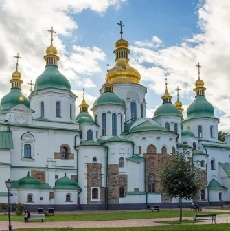 Panoramic view of St. Sophia Cathedral with gilded domes in Kyiv