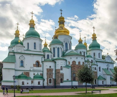 Panoramic view of St. Sophia Cathedral with gilded domes in Kyiv