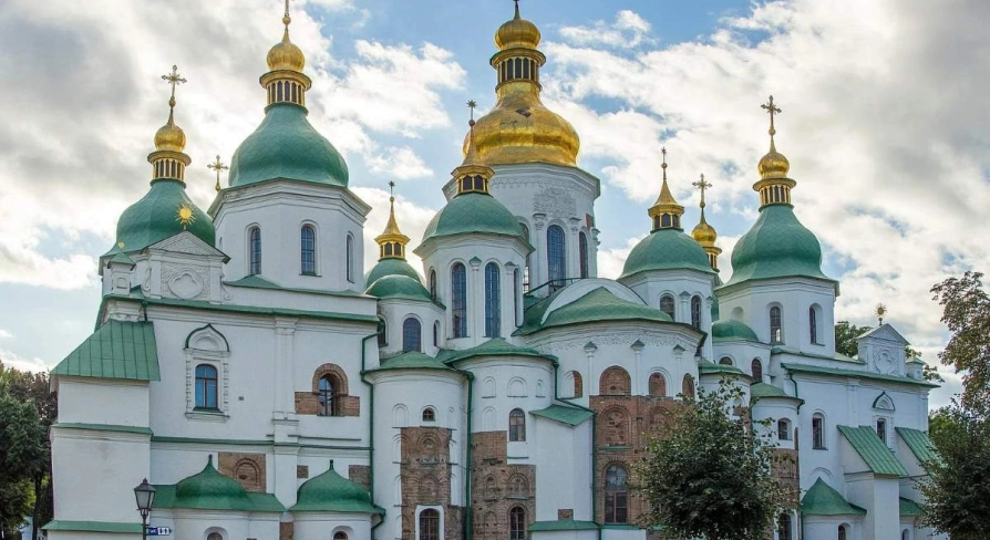 Panoramic view of St. Sophia Cathedral with gilded domes in Kyiv